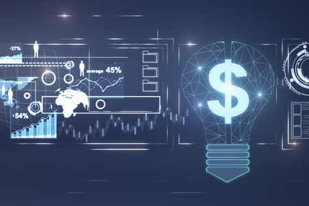 Abstract polygonal lamp and dollar sign business interface on blue backdrop. Wealth, idea, money and innovation concept. 3D Rendering の写真素材