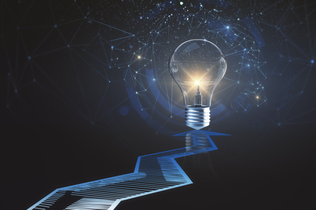 Creative background with arrows and glowing lamp. Idea and solution concept. 3D Rendering の写真素材
