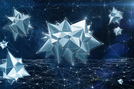 Creative polygonal bacteria in space. Medicine and innovation concept. 3D Rendering の写真素材