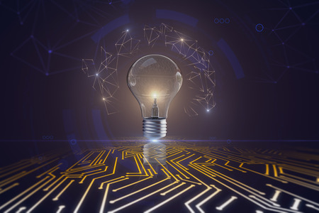 Creative background with arrows and glowing lamp. Idea and achievement concept. 3D Rendering の写真素材