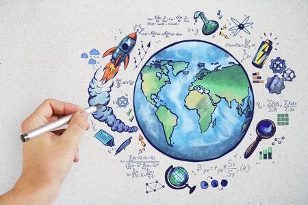 Hand drawing creative globe sketch on concrete wall background. Science and eco concept の写真素材
