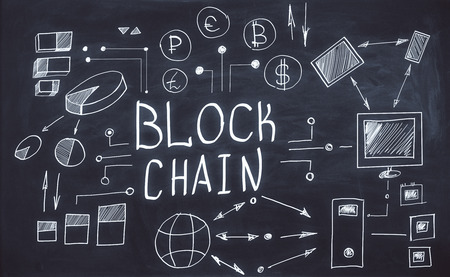 Creative blockchain sketch on chalkboard wall background. Technology and cryptocurrency conceptの写真素材