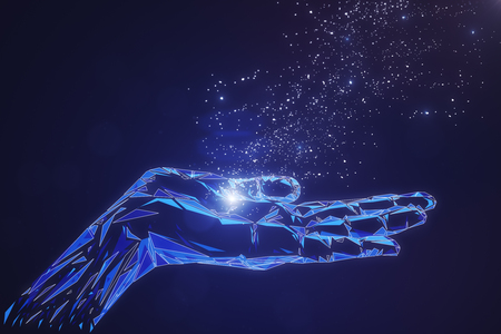 Abstract glowing polygonal hand on blue background. Cyberspace and artificial intelligence concept. 3D Rendering の写真素材