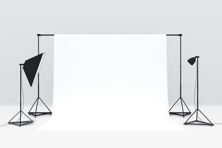 White photo studio interior with a mockup background. 3D Rendering の写真素材