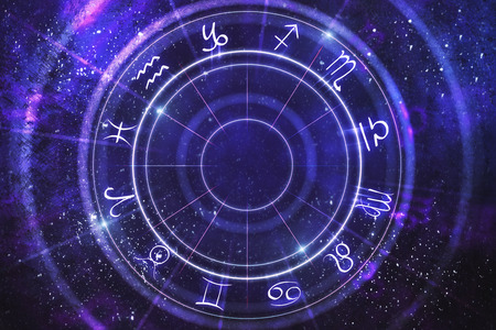 Abstract purple zodiac wheel backdrop. Cyberspace concept. 3D Rendering の写真素材