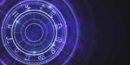 Abstract purple zodiac wheel wallpaper. Cyberspace concept. 3D Rendering の写真素材