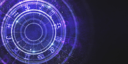 Creative purple zodiac wheel background. Cyberspace concept. 3D Rendering の写真素材