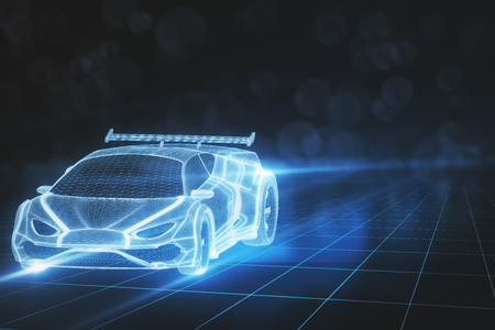 Creative glowing sports car model on blurry background. Technology, design and vehicle concept. 3D Renderingの写真素材