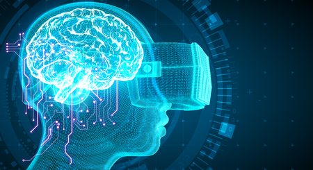 VR and AI concept. Abstract Virtual Reality glasses on blurry background. 3D Rendering