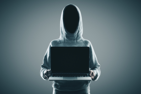 hacker no face with laptop with balck blank screen at grey background. 3D render