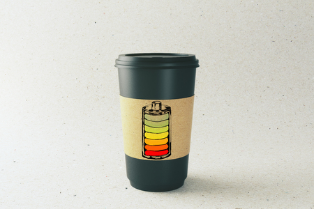 need coffee concept coffee black paper mug displayed as low battery icon at abstract background. 3D renderingの写真素材