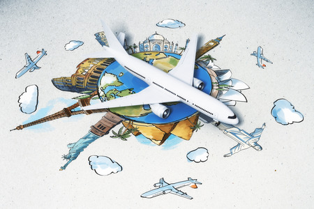airplane on colorful drawn illustration of world map globe with famous city sights around. 3d renderingの写真素材