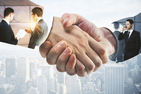 double exposure with businessmen handshake and different businessmen illustrations at city backgroundの写真素材