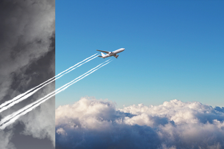 overcoming difficulties concept with plane flying from grey cloudy sky to blue sunny sky. 3d renderingの写真素材