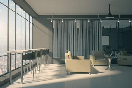 Bright office lobby interior with furniture and waiting area. Workplace design concept. 3D Renderingの写真素材
