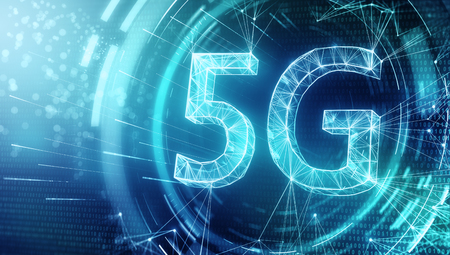 Creative glowing 5G backdrop. Mobile internet concept. 3D Rendering
