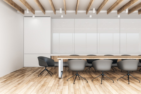 Modern meeting room interior with city reflections and copy space. 3D Renderingの写真素材