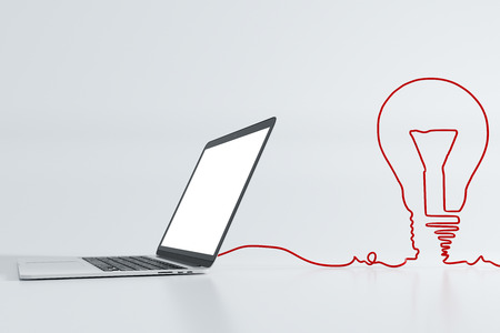 Blank laptop with creative cable lamp. Idea, mock up and technology concept. 3D Renderingの写真素材