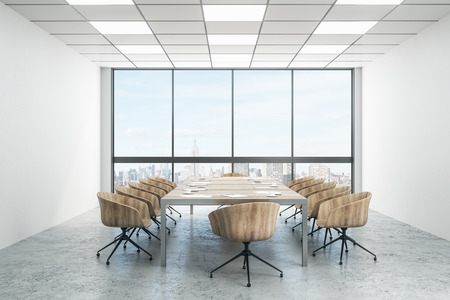 Contemporary boarding room interior with furniture, panoramic city view and daylight. 3D Renderingの写真素材