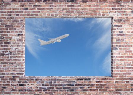 Brick wall with window and flying airpane on sky background view. Travel and cargo concept. 3D Renderingの写真素材