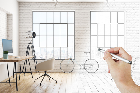 Engineer hand drawing creative coworking office interior design. Architecture and luxury concept. 3D Renderingの写真素材