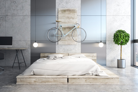 Contemporary bedroom interior with workplace, furniture, decorative items and daylight. 3D Renderingの写真素材