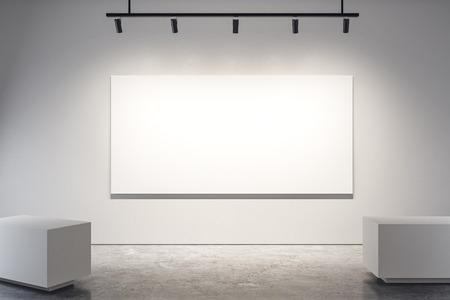 Modern exhibition hall interior with copy space, empty banner on wall. Gallery concept. Mock up, 3D Renderingの写真素材