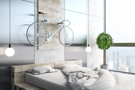 White bedroom interior with furniture, decorative items and daylight. 3D Renderingの写真素材