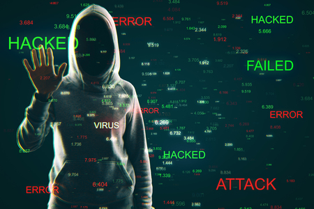 Hacking and malware concept. Hacker on abstract digital background with words. Double exposureの写真素材
