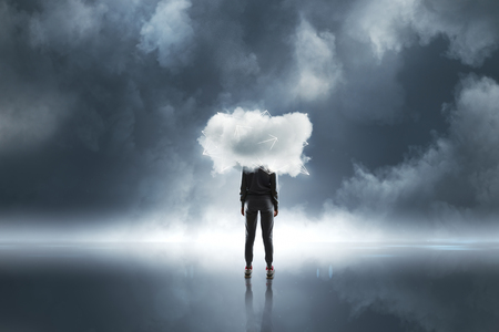 Back view of hacker with cloudy head. Cloud computing and phishing conceptの写真素材