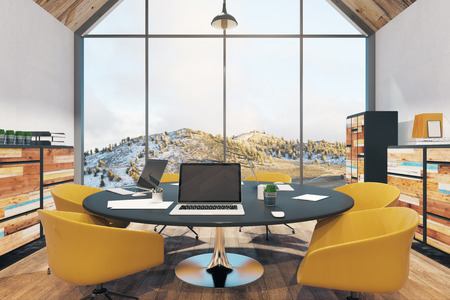Modern conference room interior with wooden furniture and panoramic landscape/sky view. 3D Rendering