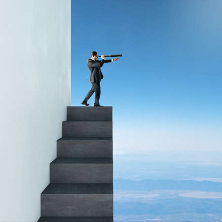 Businessman on stairs looking into the distance on sky background. Research and future concept. 3D...
