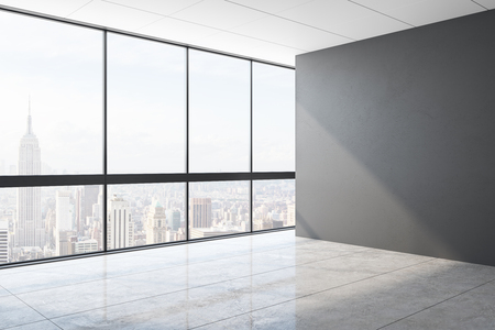 Modern unfurnished office interior with blank concrete wall and panoramic city view. Mock up, 3D Renderingの写真素材