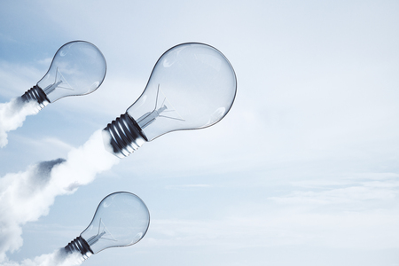 Abstract launching light bulbs on light background. Startup and solution concept. 3D Renderingの写真素材