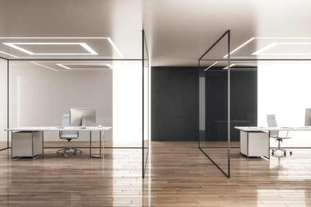 Contemporary office interior with glass walls and workplace. 3D Renderingの写真素材