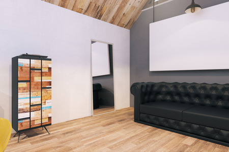 Modern office interior with empty frame and sofa. Mock up, 3D Renderingの写真素材