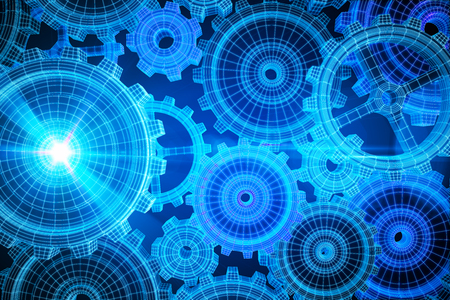 Creative glowing blue cogwheels background. Teamwork and mechanism concept. 3D Renderingの写真素材