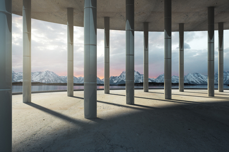 Modern interior with columns and beautiful mountain view. 3D Renderingの写真素材