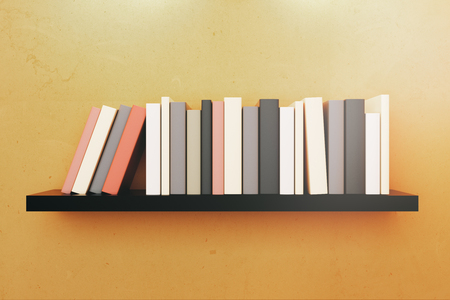 Close up of shelf with books on orange background. Education, knowledge and library concept. 3D Renderingの写真素材