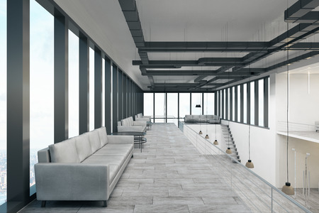 Modern spacious two storey concrete white office with panoramic city view and daylight. 3D Renderingの写真素材