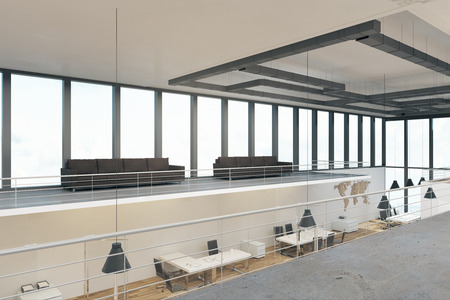 Two story office interior with panoramic window view, furniture and daylight. 3D Renderingの写真素材