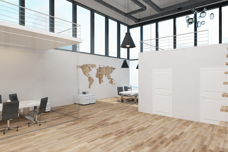 Bright two story office interior with panoramic window view, furniture and daylight. 3D Renderingの写真素材