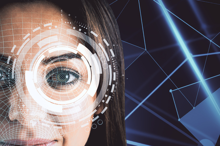 Portrait of attractive young european businesswoman with abstract face interface on blurry background. Biometrics and ID concept. Double exposureの写真素材