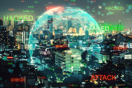 Abstract hacked globe on night city background. Hacking and malware concept. Double exposureの写真素材