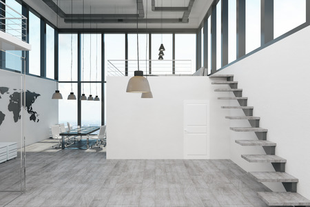 Stylish spacious two storey concrete white office interior with panoramic city view and daylight. 3D Renderingの写真素材