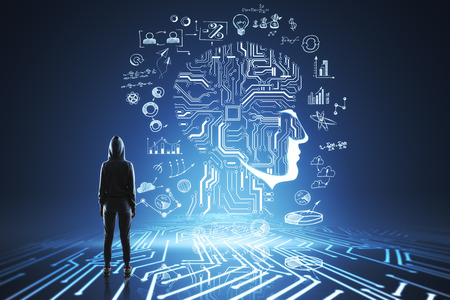 Young hacker with abstract circuit head interface. Malware and ransomware concept.の写真素材