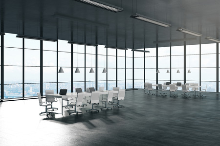 Contemporary meeting room niterior with panoramic city view and sunlight. 3D Renderingの写真素材