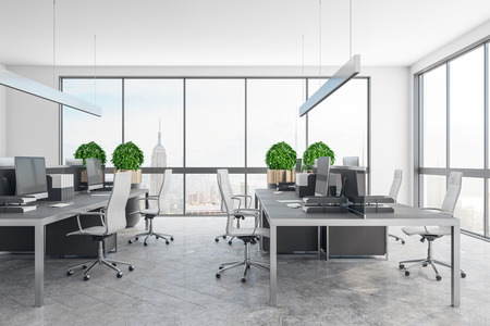 Modern office interior with panoramic city view, daylight and equipment. 3D Renderingの写真素材