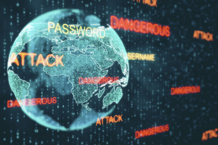 Abstract hacked globe on blurry binary code background. Hacking and malware concept. Double exposureの写真素材