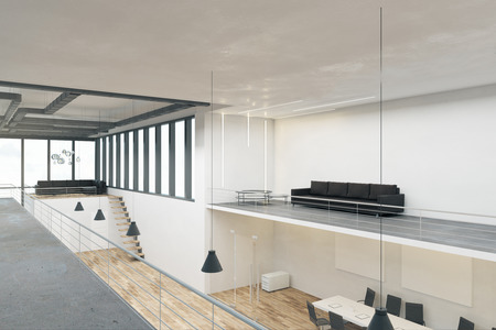 Designer two story office interior with panoramic window view, furniture and daylight. 3D Renderingの写真素材